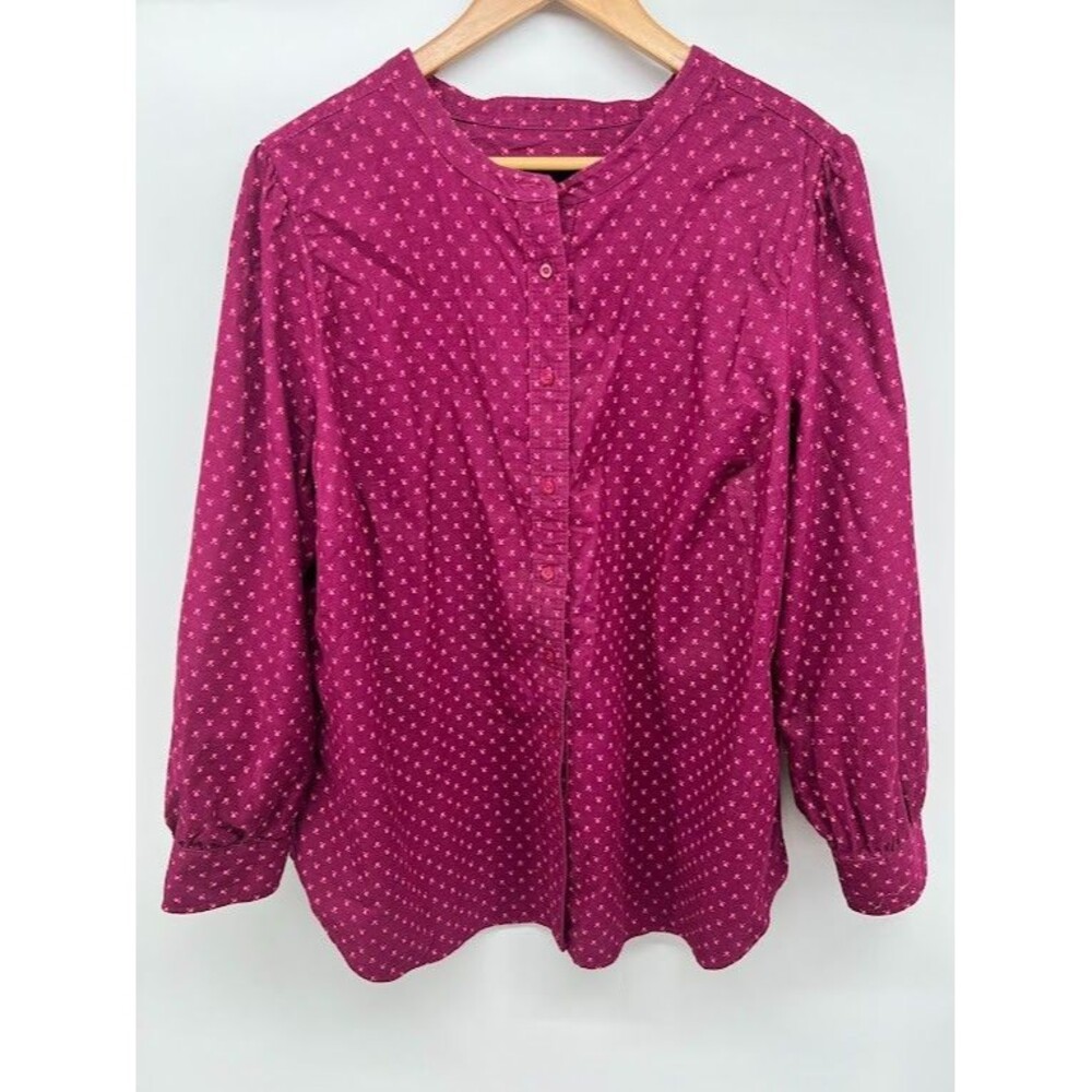 Talbots Women's 2X Corduroy Blouse Burgundy Top Long Sleeve Button Down Floral